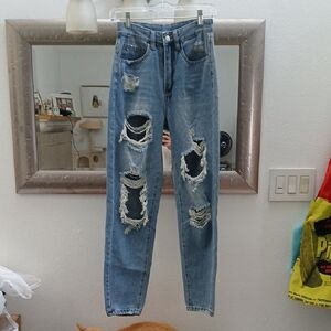 SHEIN Blue Denim High Waist Ripped Boyfriend Jeans